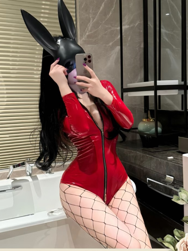 Home Office Romance - Seksi Patent Deri Bodysuit Fermuar Üniforma