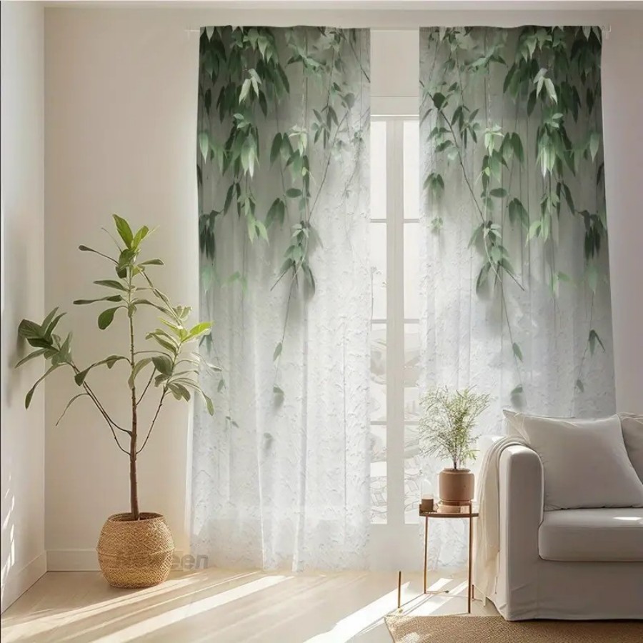 Home Office Minimalist - 2 Adet Dijital Baskı Şeffaf Perde,